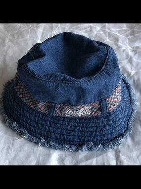 Vintage Coca-Cola Denim Bucket Hat Plaid Accent Frayed Edge Approx Size 7”-7 1/8